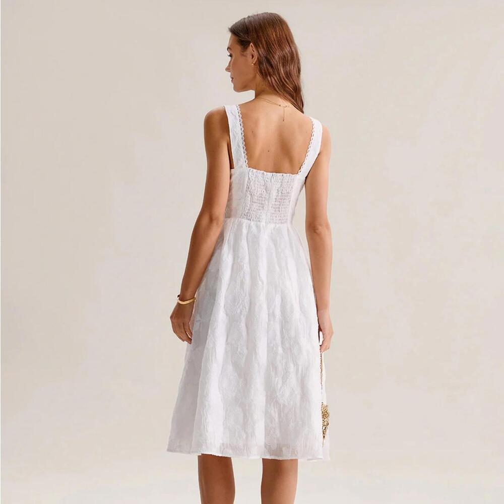 RIHOAS White Jacquard Shirred Slip Midi Dress S - Picture 2 of 6